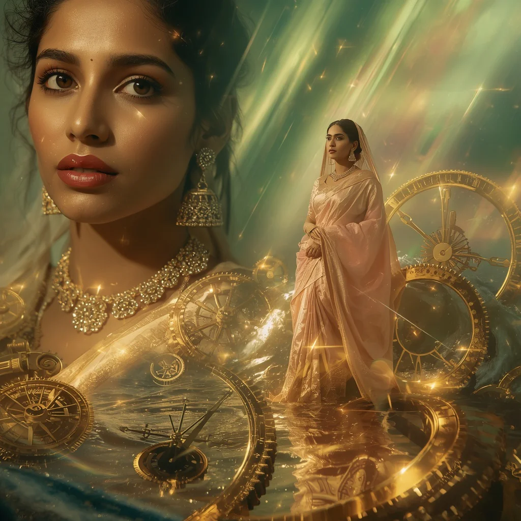 Festive Pastel Saree Golden Aurora Clockwork Ocean Collage | chat gpt prompt for image editing - Classic Purple Saree AI Prompts for Elegant Girl's Portrait Photography AI Prompt