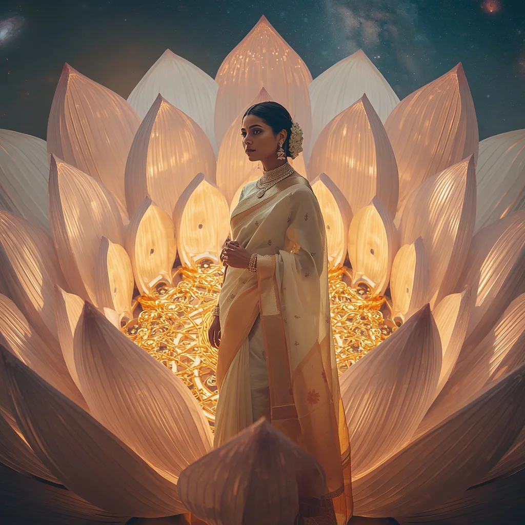 Festive Pastel Saree Golden Infinity Lotus Engine Collage | black saree prompt for chatgpt - Enchanting Girl Saree AI Image Prompts for Magical Forest Settings AI Prompt