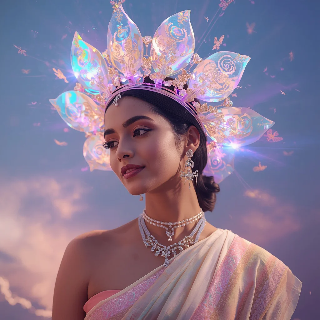 Festive Pastel Saree Holographic Moonflower Galaxy Crown Collage Modern Cinematic | Chatgpt prompt for saree look - Top 10 Artistic Linen Saree AI Prompts for Minimalist Aesthetic Photoshoots AI Prompt