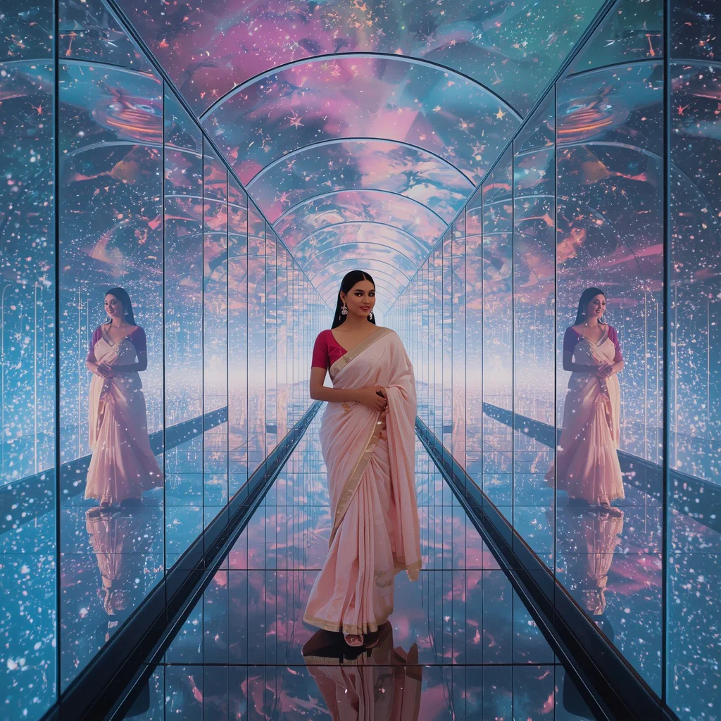 Festive Pastel Saree Infinite Crystal Aurora Sky Passage Collage Luxury Cinematic | indian bride saree ai prompt - Top 10 Artistic Linen Saree AI Prompts for Minimalist Aesthetic Photoshoots AI Prompt