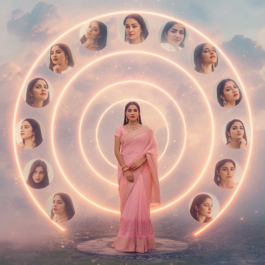 Festive Pastel Saree Infinite Light Orbit Garden Collage Cinematic | trending purple saree prompt for gemini - Retro Style Saree AI Image Prompts for Vintage-Inspired Girl's Fashion AI Prompt