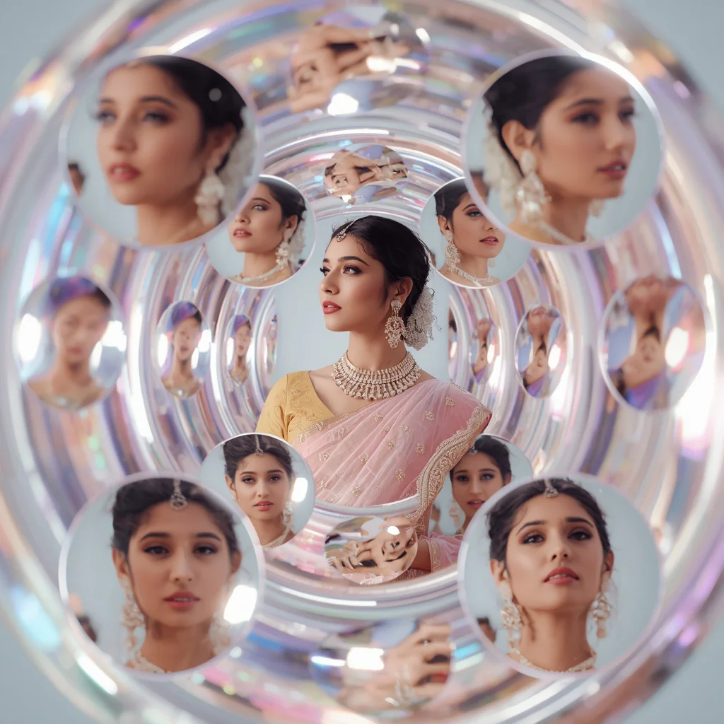 Festive Pastel Saree Infinite Prism Orbit Collage Premium | instagram prompt for girls in saree - Wholesome Youngster Saree AI Prompts for Rustic Village Backgrounds AI Prompt