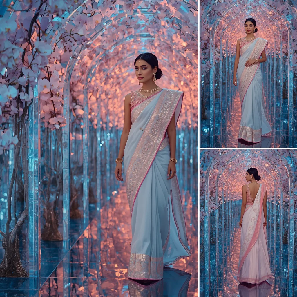 Festive Pastel Saree Infinite Sapphire Crystal Orchid Corridor Collage Premium Editorial | saree prompt for gemini girl instagram - Festive Girl's Saree AI Prompts for Diwali Celebration Photography AI Prompt