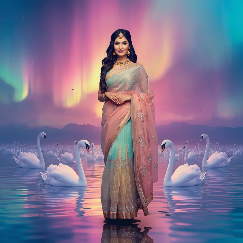 Festive Pastel Saree Infinity Aurora Crystal Swan Ocean Collage Premium Fashion | prompt for saree for wedding - Graceful Teen Saree AI Image Prompts for Elegant Outdoor Portraiture AI Prompt