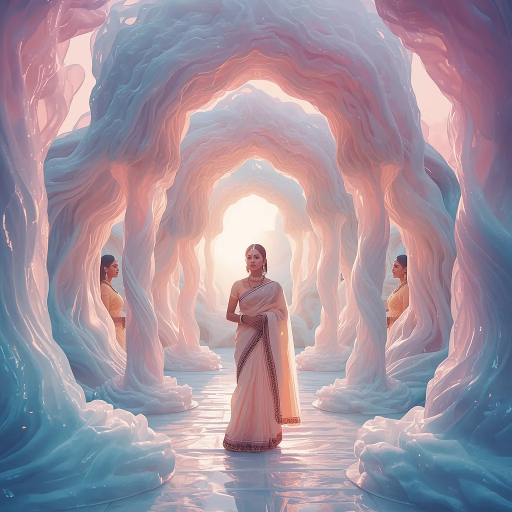 Festive Pastel Saree Liquid Aurora Wave Temple Collage Premium | prompt for gemini ai girl in saree copy and paste - Retro Style Saree AI Image Prompts for Vintage-Inspired Girl's Fashion AI Prompt