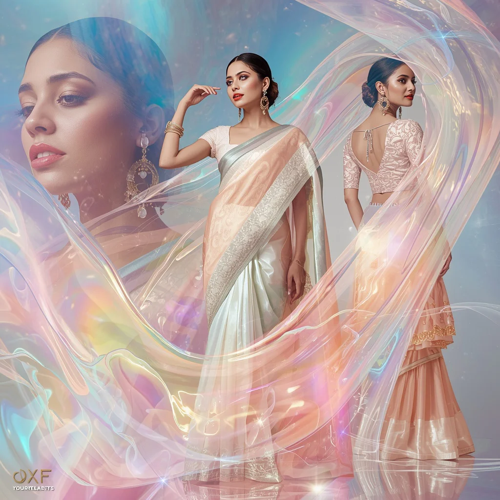 Festive Pastel Saree Liquid Crystal Aurora Collage Premium | new viral prompt - Wholesome Youngster Saree AI Prompts for Rustic Village Backgrounds AI Prompt