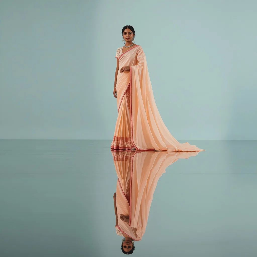 Festive Pastel Saree Liquid Mirror Floor Reflection Physics Studio Optical Depth Fashion Frame | Prompt for gemini girl in saree instagram in english - Top 10 Bohemian Saree AI Prompts for Eclectic Outdoor Photoshoots AI Prompt