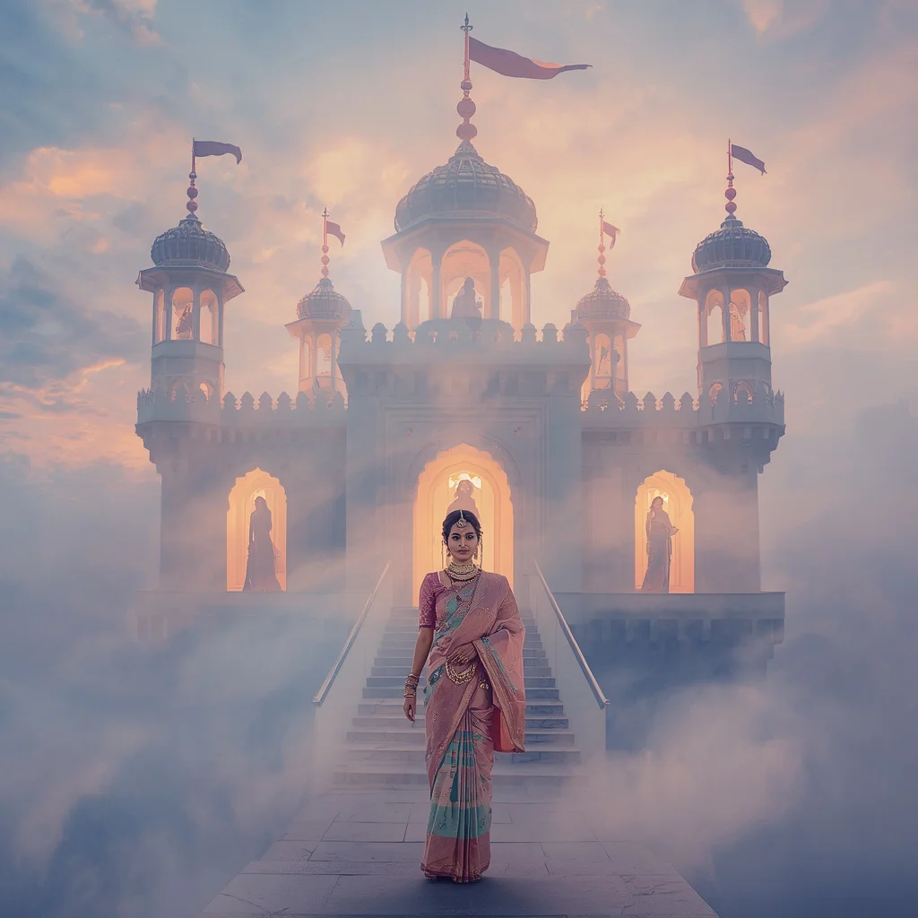 Festive Pastel Saree Mist Castle Dreams Collage Dream Cinematic | saree profile pic ai prompt - Top 10 Resplendent Mysore Silk Saree AI Prompts for Karnataka Grandeur AI Prompt