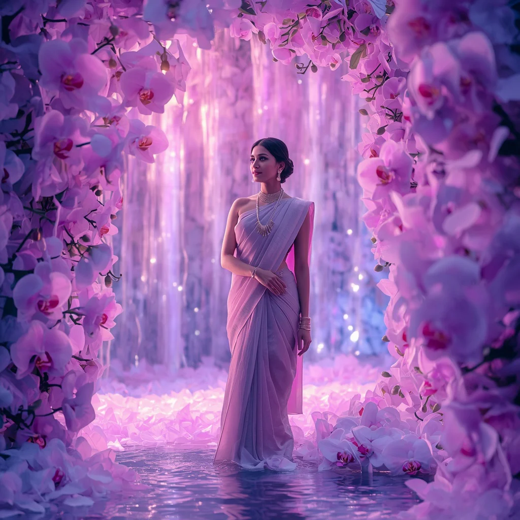 Festive Pastel Saree Neon Celestial Orchid Waterfalls Collage Modern Cinematic | new ai prompt text - Top 10 Artistic Linen Saree AI Prompts for Minimalist Aesthetic Photoshoots AI Prompt