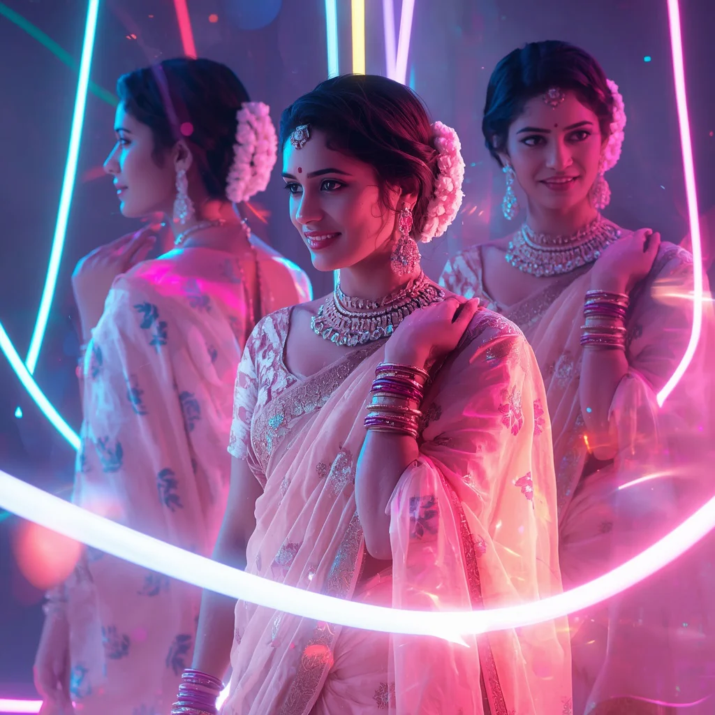 Festive Pastel Saree Neon Comet Trails Collage Modern Cinematic | new prompt ai video - Top 10 Resplendent Mysore Silk Saree AI Prompts for Karnataka Grandeur AI Prompt
