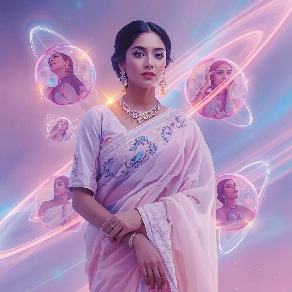 Festive Pastel Saree Neon Galaxy Orbit Collage Modern | new photo trend on instagram prompt - Festive Girl's Saree AI Prompts for Diwali Celebration Photography AI Prompt