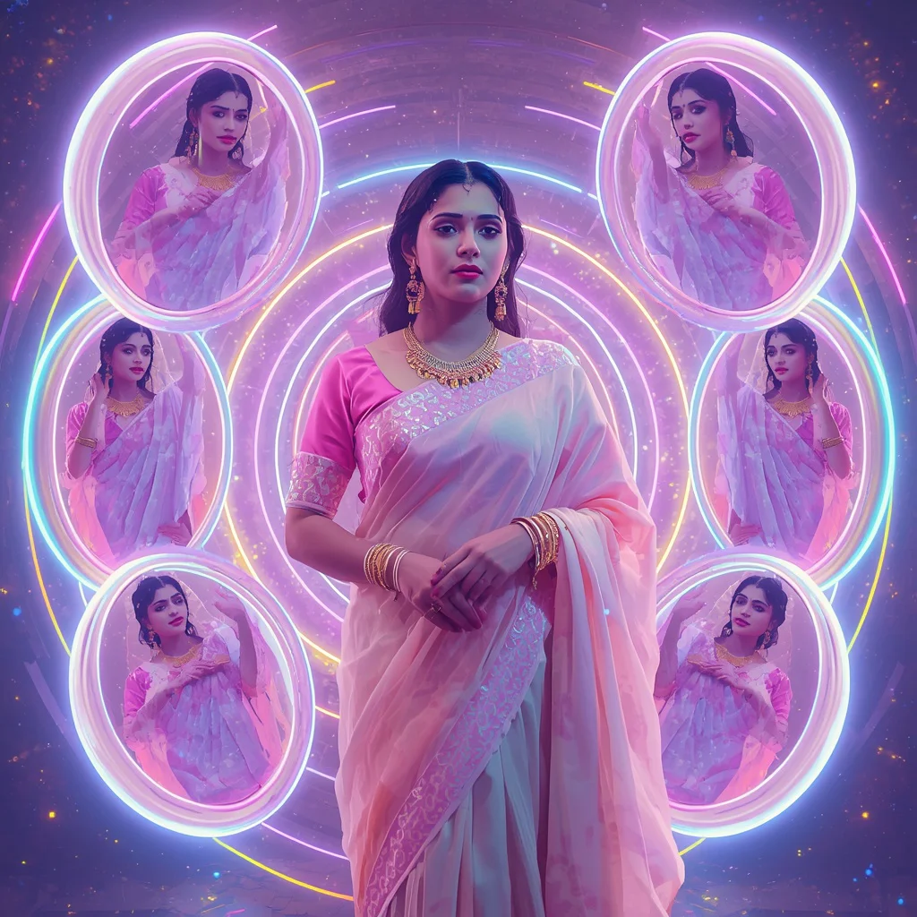 Festive Pastel Saree Neon Galaxy Rings Collage Modern Cinematic | prompts for saree look - Best 10 Beachside Saree AI Prompts for Breezy Coastal Fashion Shots AI Prompt