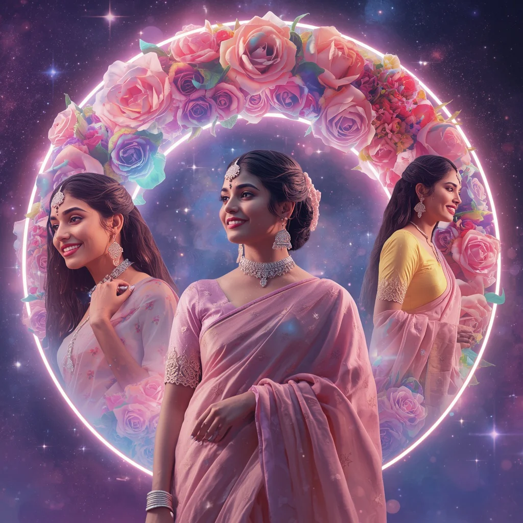 Festive Pastel Saree Neon Galaxy Rose Halo Crown Collage Modern Cinematic | saree profile pic ai prompt - Best 10 Regal Paithani Saree AI Prompts for Maharashtra Cultural Celebrations AI Prompt