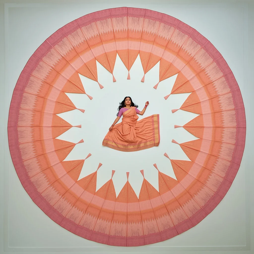 Festive Pastel Saree Overhead Symmetry Fabric Mandala Circular Composition Studio Design Frame | prompt for Gemini AI saree look couple - Best 10 Elegant Silk Saree AI Prompts for Formal Office Wear Styling AI Prompt