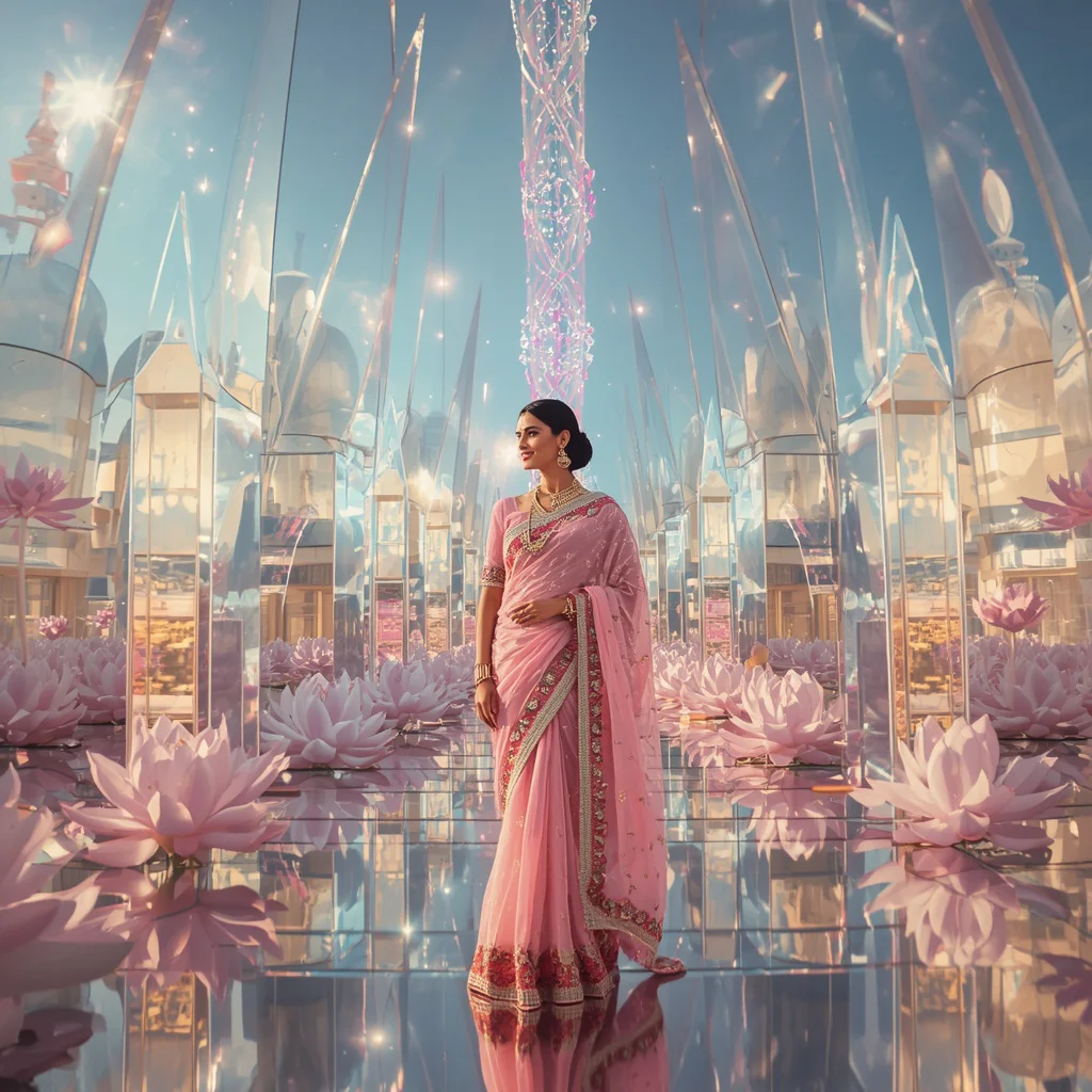 Festive Pastel Saree Prism Celestial Lotus Observatory Kingdom Collage Luxury Cinematic | prompt seen saree girl - Best 10 Regal Paithani Saree AI Prompts for Maharashtra Cultural Celebrations AI Prompt