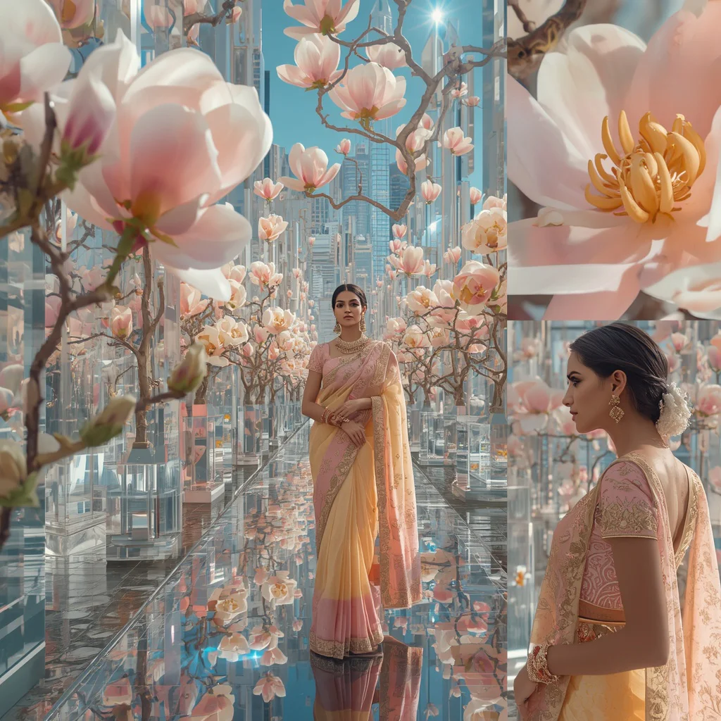 Festive Pastel Saree Prism Crystal Magnolia Empire Collage Premium Editorial | indian bride saree ai prompt - Graceful Teen Saree AI Image Prompts for Elegant Outdoor Portraiture AI Prompt