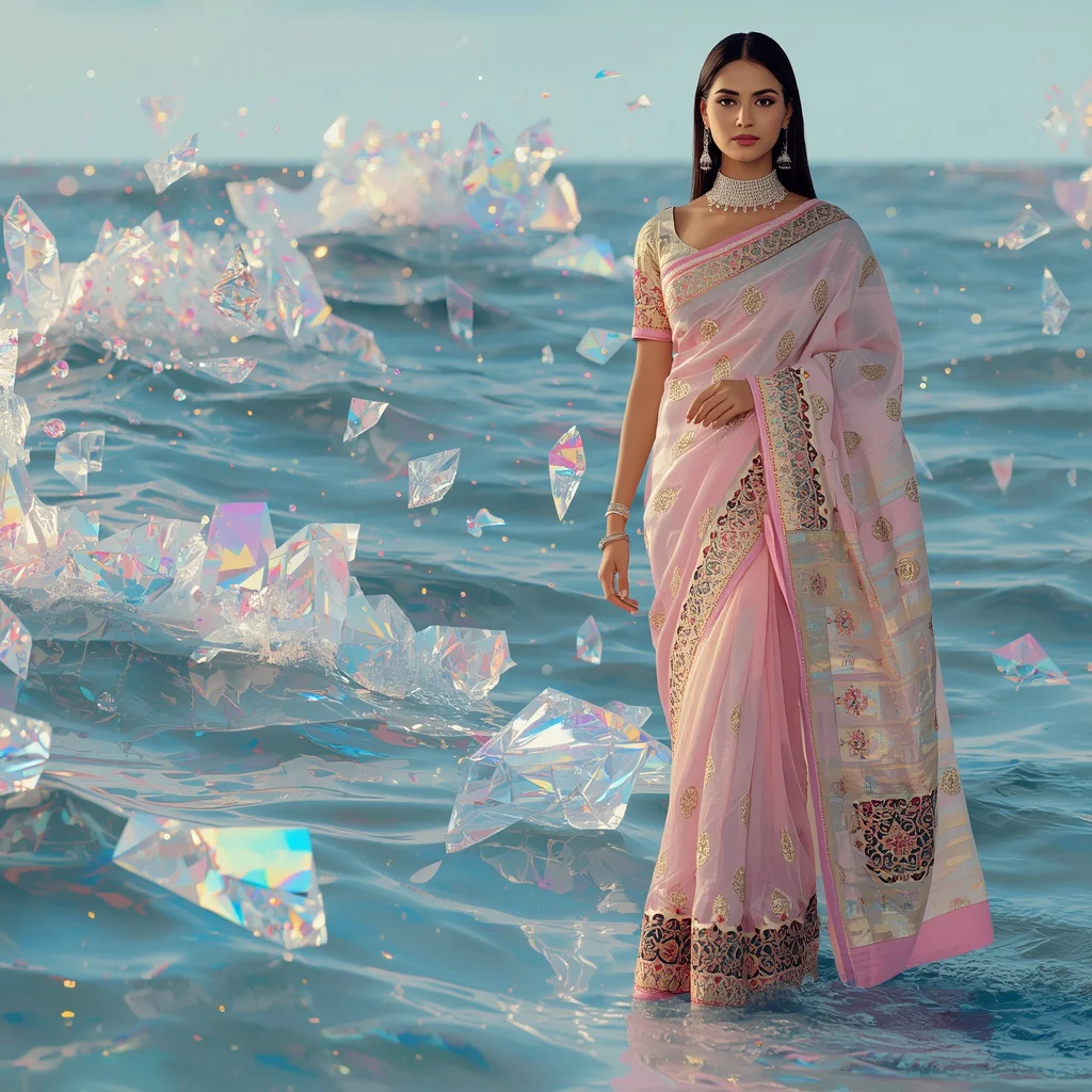 Festive Pastel Saree Prism Crystal Ocean Collage Luxury Cinematic | Retro style prompt for Gemini girl in saree - Top 10 Resplendent Mysore Silk Saree AI Prompts for Karnataka Grandeur AI Prompt
