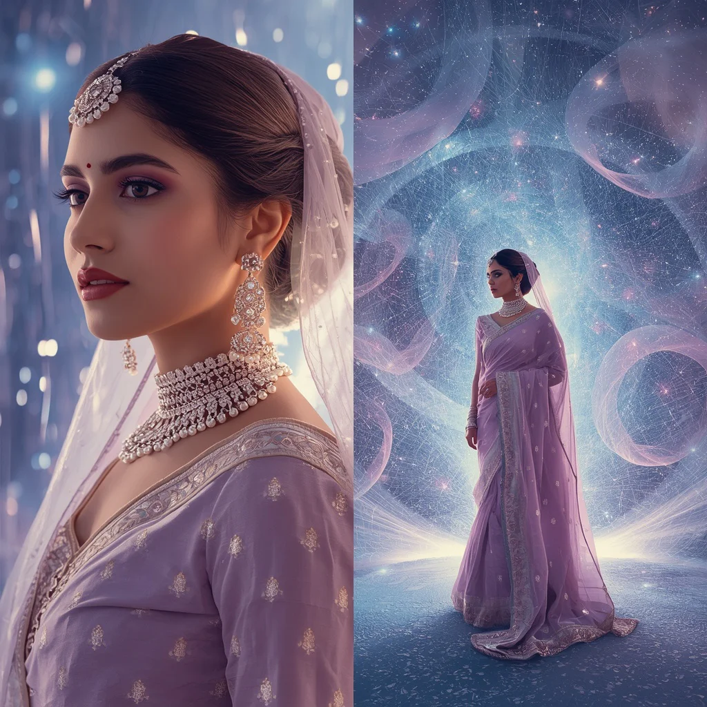 Festive Pastel Saree Quantum Starlight Silk Reactor Collage | prompt seen girl ai photo editing - Enchanting Girl Saree AI Image Prompts for Magical Forest Settings AI Prompt