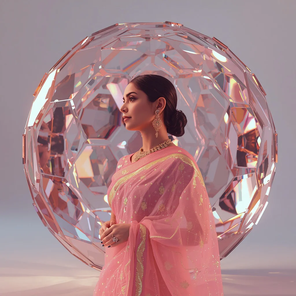 Festive Pastel Saree Reflective Crystal Halo Dome Collage Luxury | trending prompt copy paste - Retro Style Saree AI Image Prompts for Vintage-Inspired Girl's Fashion AI Prompt