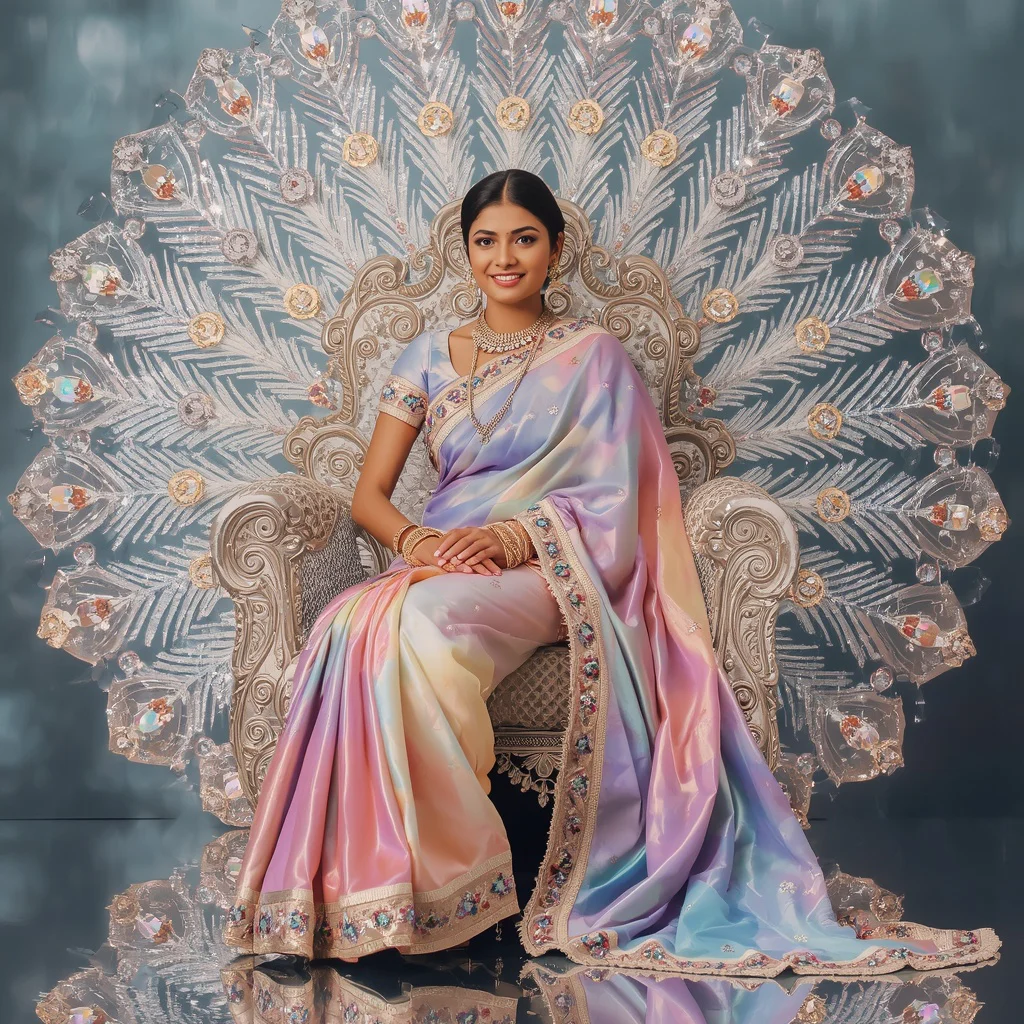 Festive Pastel Saree Royal Crystal Peacock Throne Collage Premium Couture | new photo trend on instagram prompt - Graceful Teen Saree AI Image Prompts for Elegant Outdoor Portraiture AI Prompt