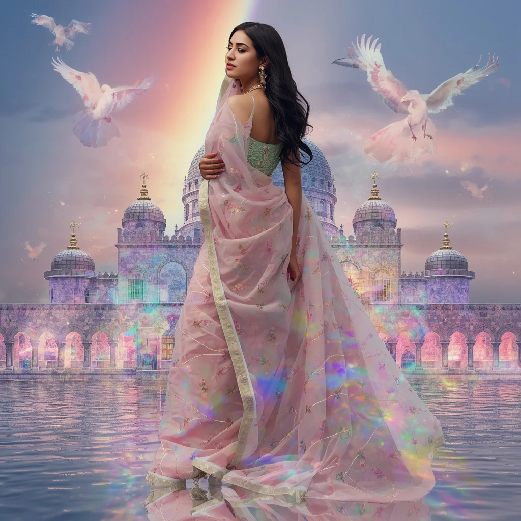 Festive Pastel Saree Royal Crystal Phoenix Palace Collage Premium Fashion | prompt for gemini ai saree look couple - Festive Girl's Saree AI Prompts for Diwali Celebration Photography AI Prompt