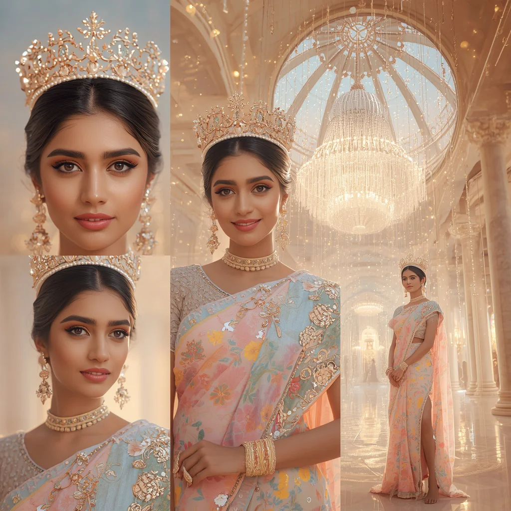 Festive Pastel Saree Royal Pearl Crystal Crown Cathedral Collage Luxury Couture | new instagram trend prompt for girl - Graceful Teen Saree AI Image Prompts for Elegant Outdoor Portraiture AI Prompt