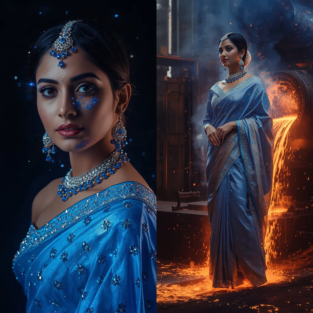 Festive Pastel Saree Sapphire Crown Galaxy Furnace Collage | instagram prompt for traditional look for girl - Enchanting Girl Saree AI Image Prompts for Magical Forest Settings AI Prompt