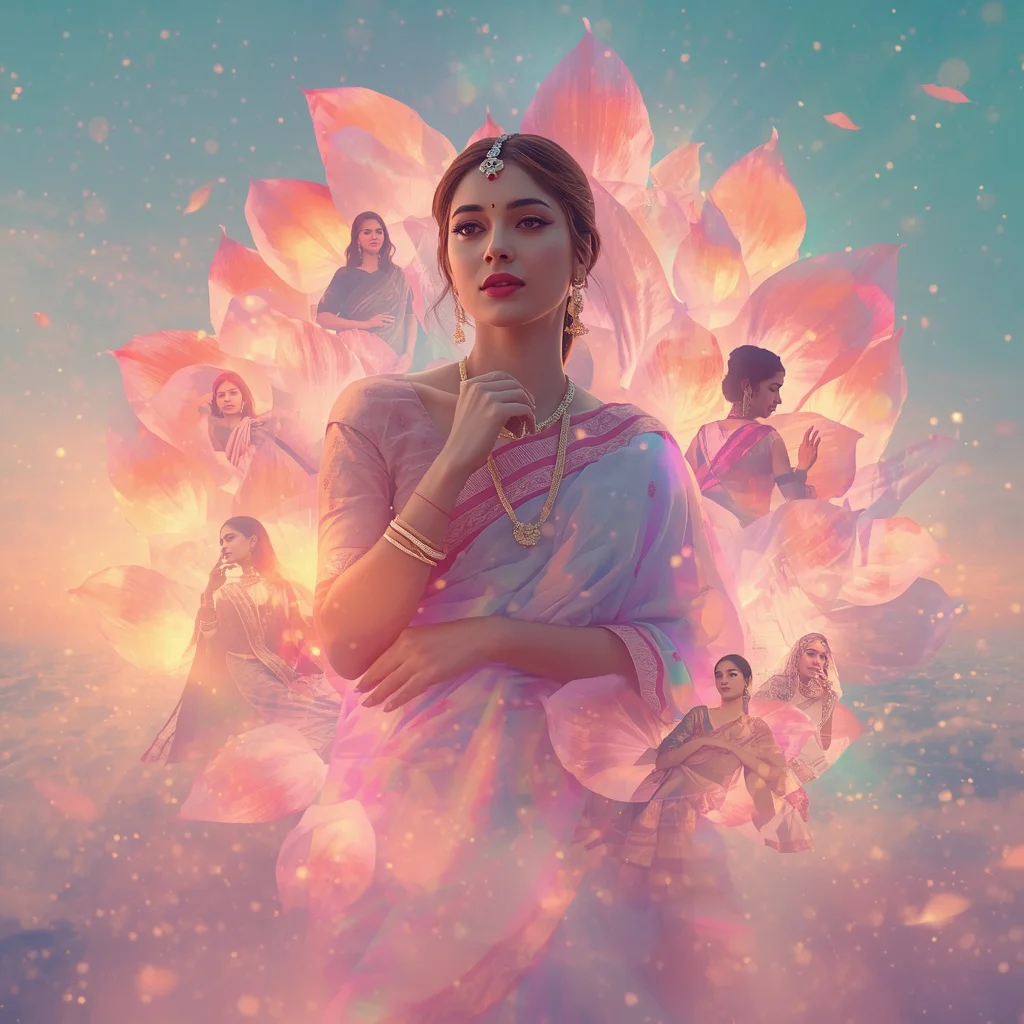 Festive Pastel Saree Soft Aurora Bloom Collage Cinematic | trending blue saree prompt - Retro Style Saree AI Image Prompts for Vintage-Inspired Girl's Fashion AI Prompt