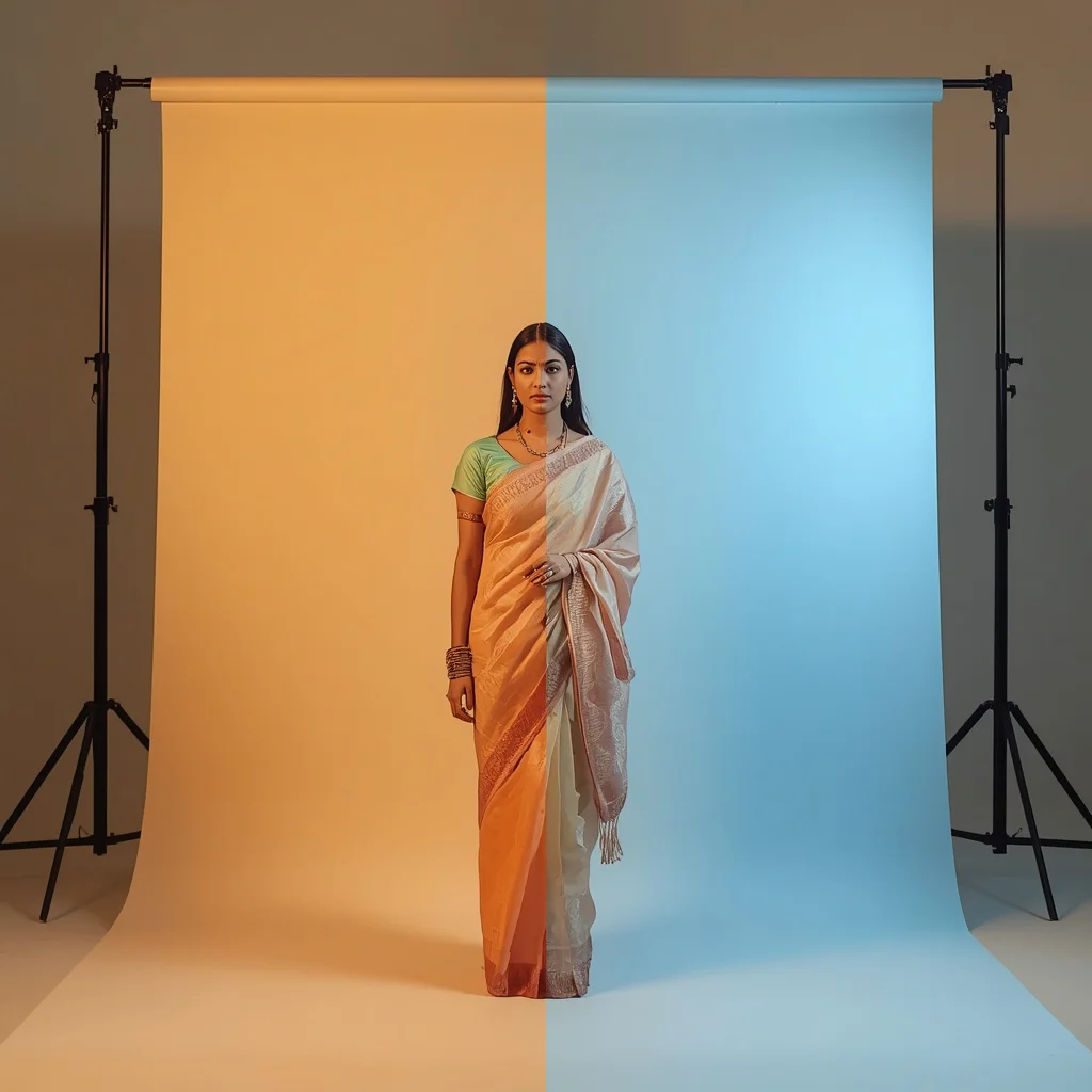 Festive Pastel Saree Studio Color Temperature Split Dual White Balance Fashion Science Editorial Frame | stylish prompt for girls - Top 10 Bohemian Saree AI Prompts for Eclectic Outdoor Photoshoots AI Prompt