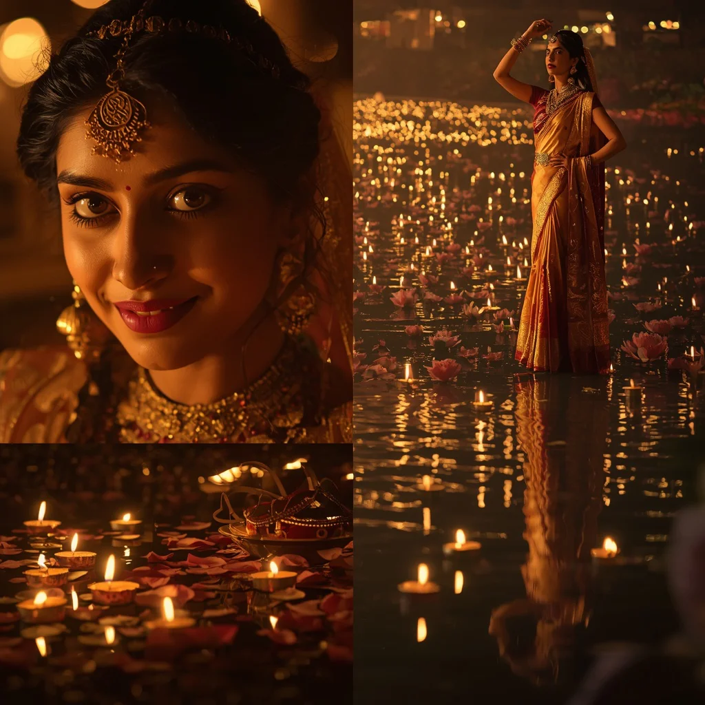 Festive Saree Candle River Reflection Queen Collage | Golden Serenity Prompt | new prompt girl - Wholesome Youngster Saree AI Prompts for Rustic Village Backgrounds AI Prompt
