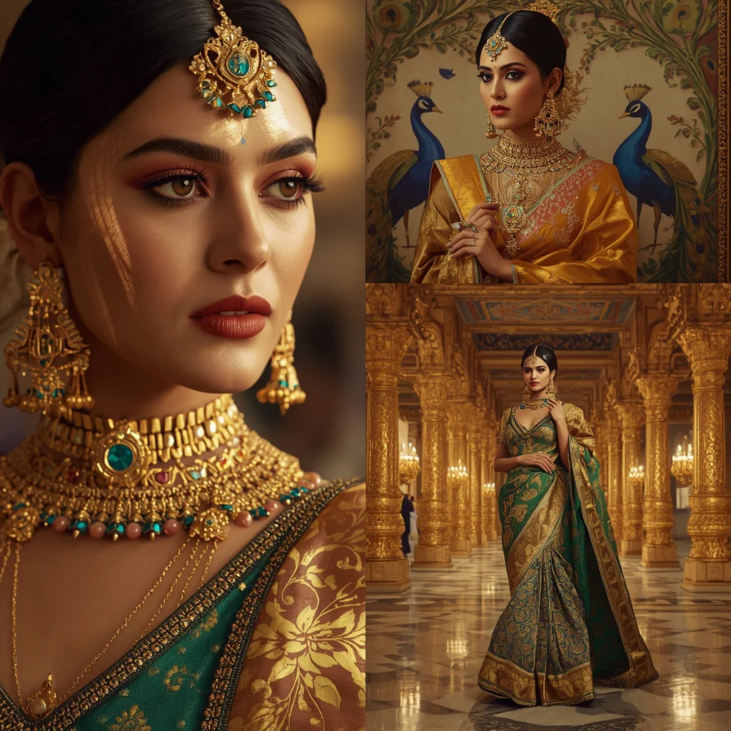 Festive Saree Golden Peacock Palace Editorial Collage | Heritage Glamour Prompt | traditional saree prompt for wedding - Wholesome Youngster Saree AI Prompts for Rustic Village Backgrounds AI Prompt