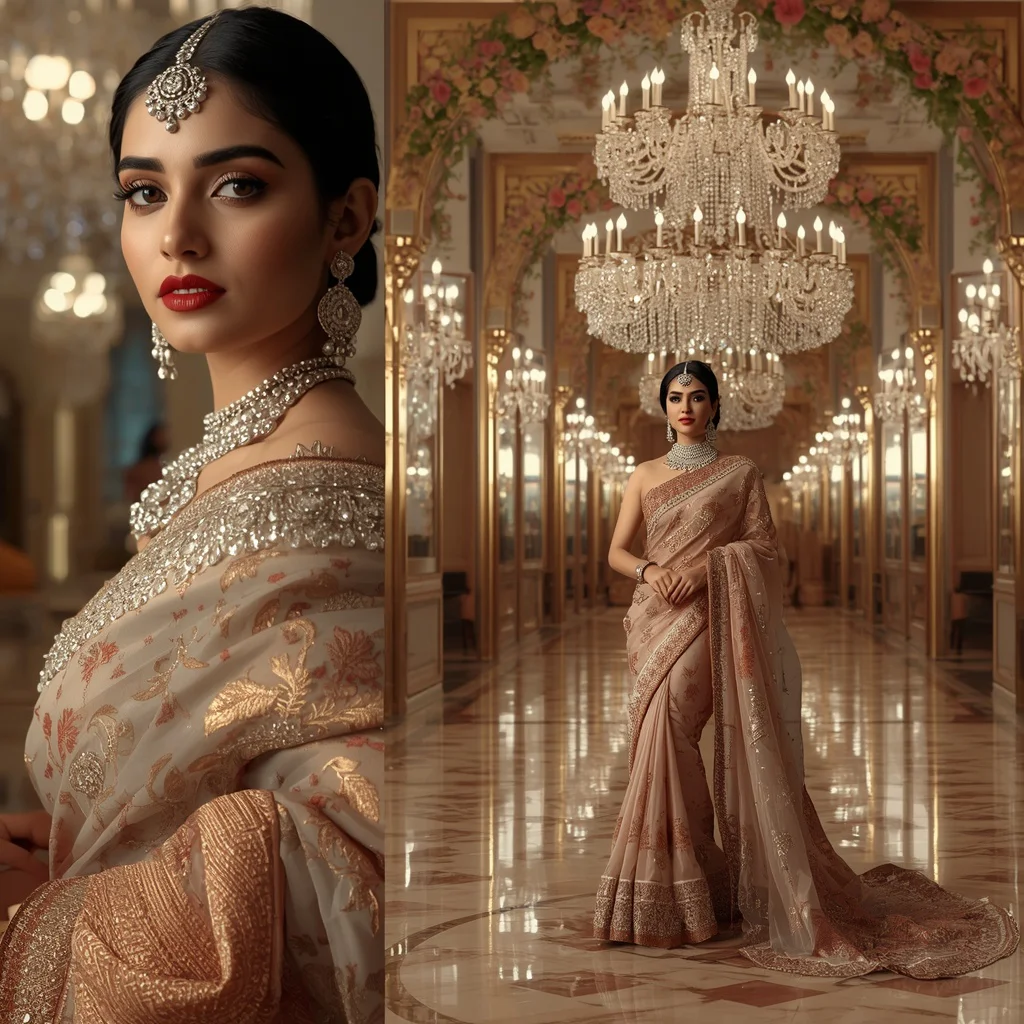 Festive Saree Grand Ballroom Festival Queen Collage | Luxury Celebration Prompt | prompt seen trending 2026 - Wholesome Youngster Saree AI Prompts for Rustic Village Backgrounds AI Prompt