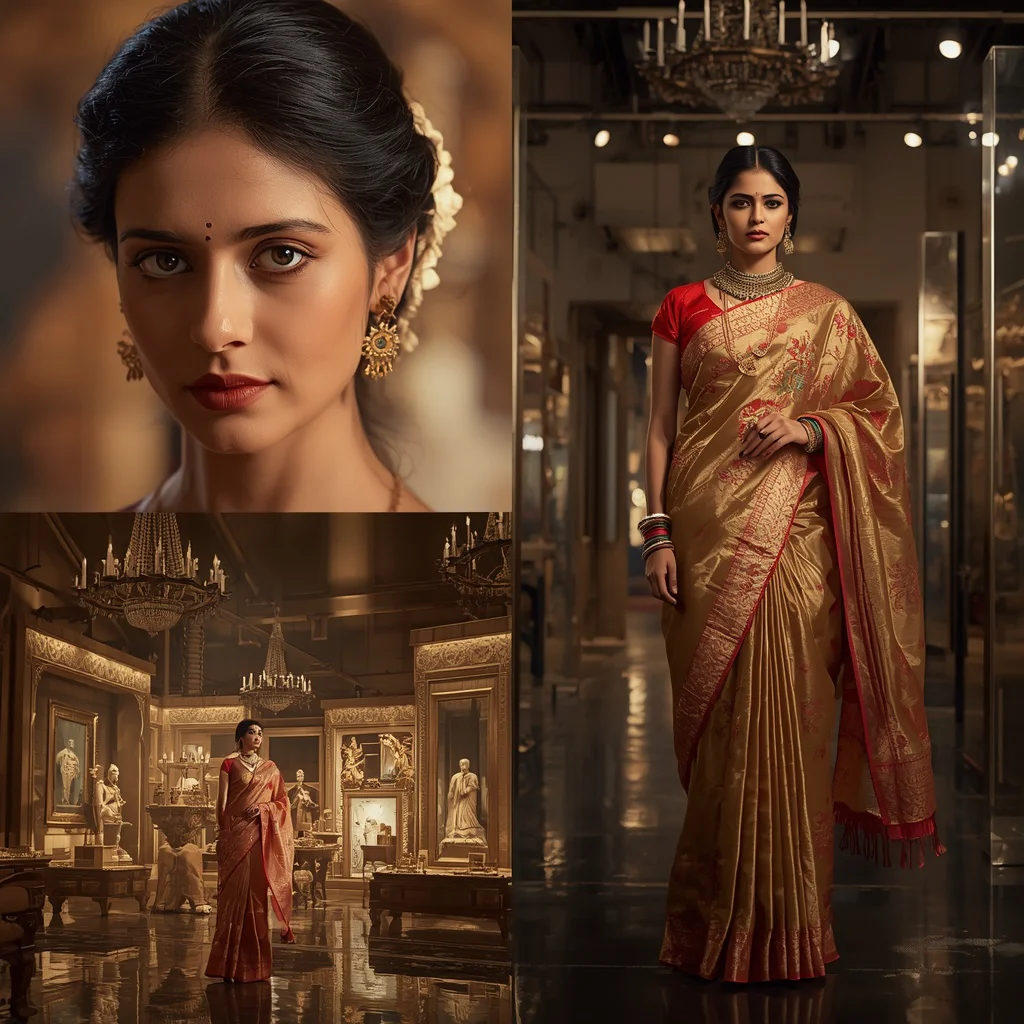 Festive Saree Silk Museum Fashion Film Collage | Heritage Couture Prompt | new chat gpt prompt trend - Wholesome Youngster Saree AI Prompts for Rustic Village Backgrounds AI Prompt