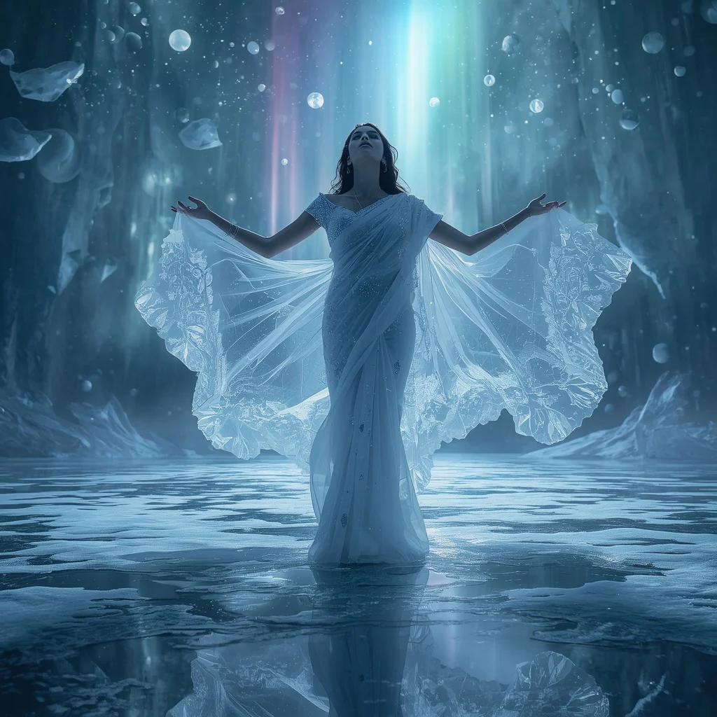 Frozen Diamond Aurora Ice Void Queen Saree – Celestial Cryo Galaxy Couture | traditional saree ai prompt - New 10 Contemporary Kanjeevaram Saree AI Prompts for Modern Bridal Wear AI Prompt