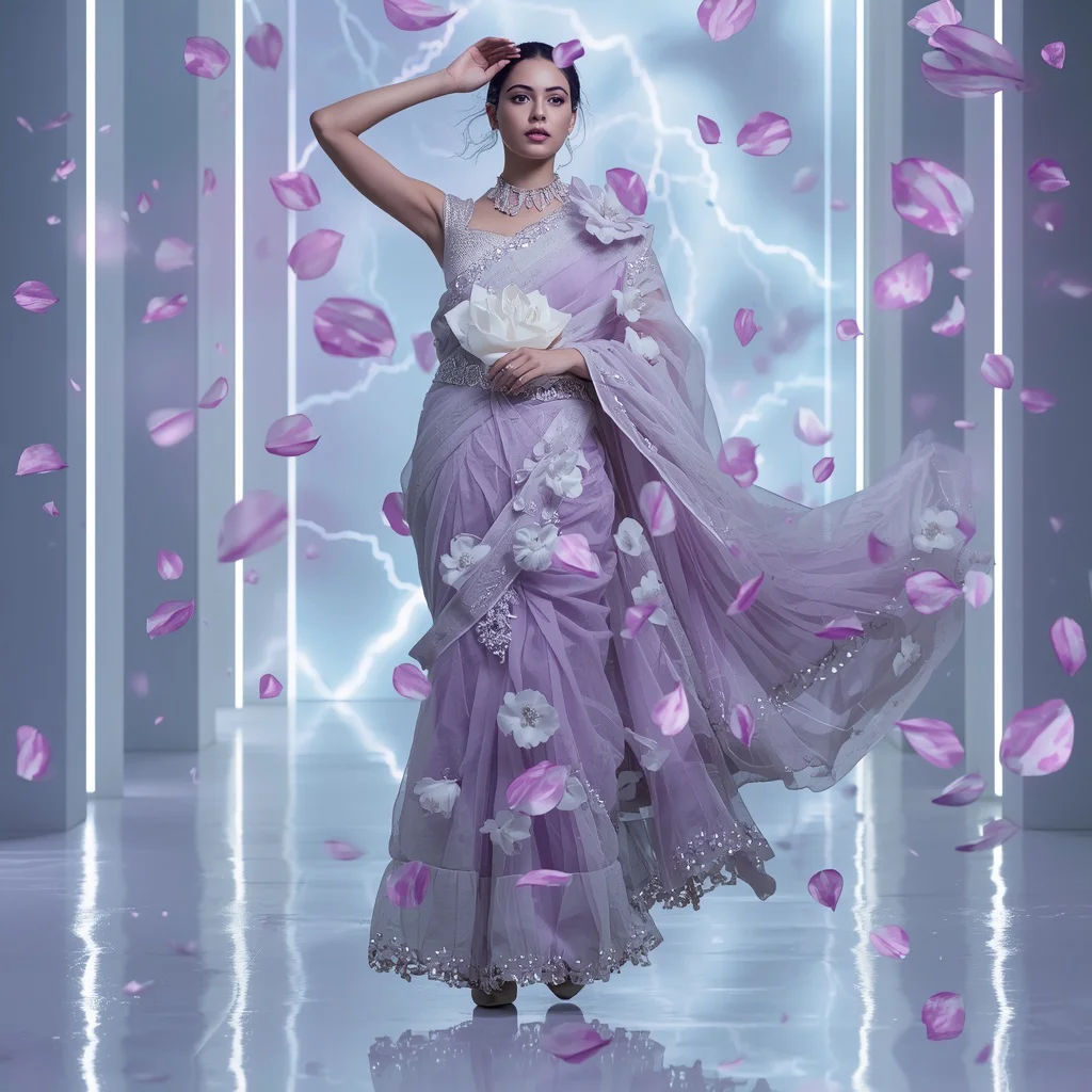 Frozen Lotus Thunder Saree with Ice Lightning Petals | Prompt for Gemini AI girl in saree 2026 - Best 10 Beachside Saree AI Prompts for Breezy Coastal Fashion Shots AI Prompt