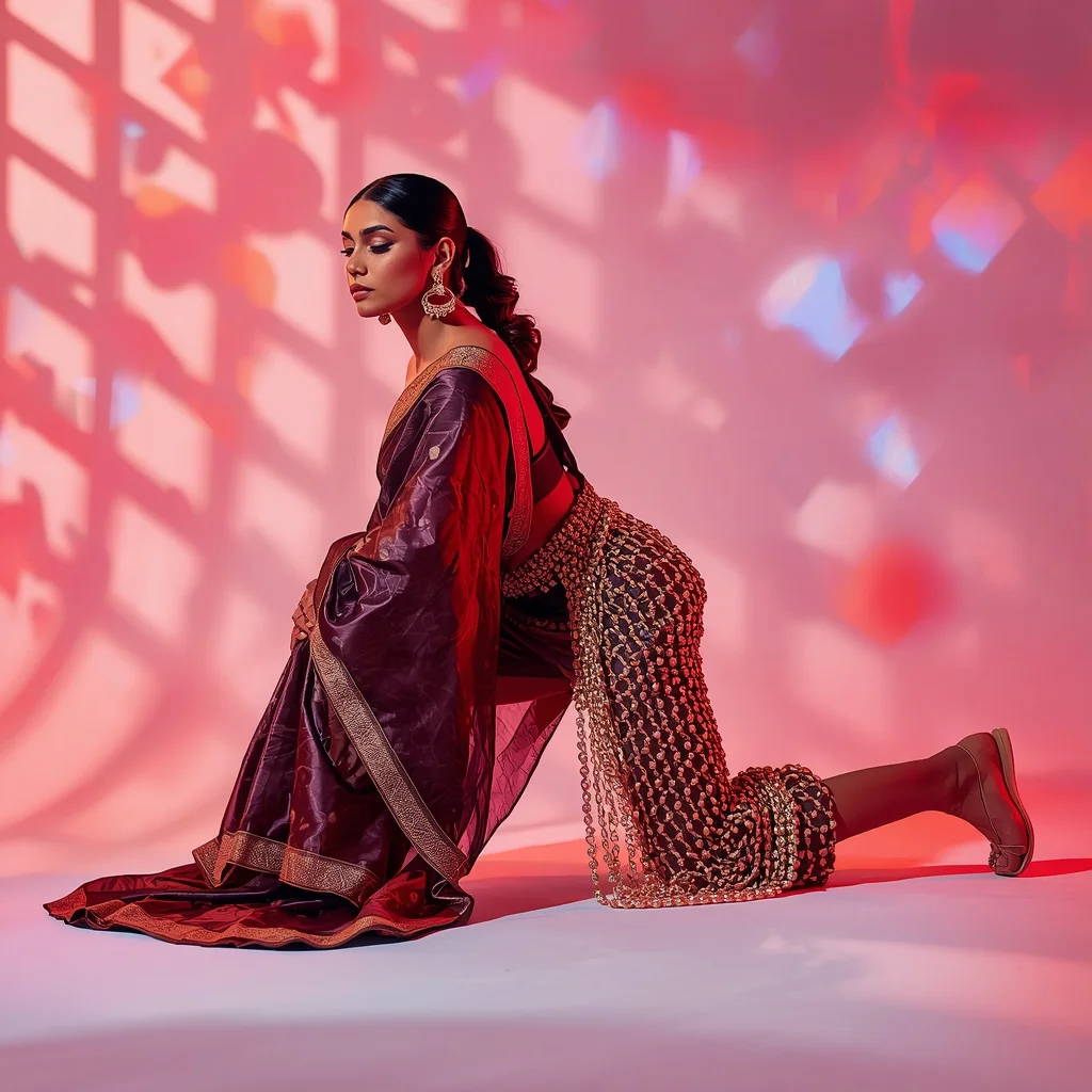 Full Body Dense Pearl and Kundan Mesh Saree Deep Side Lunge | new instagram trend prompt for girl saree look copy and paste in english - Playful Child Saree AI Image Prompts for Fun-Filled Cultural Events AI Prompt