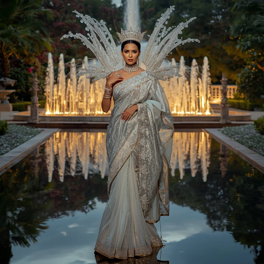Giant Crystal Crown Fountain Saree with Royal Reflection Garden | aesthetic saree prompt for chatgpt - Festive Girl's Saree AI Prompts for Diwali Celebration Photography AI Prompt