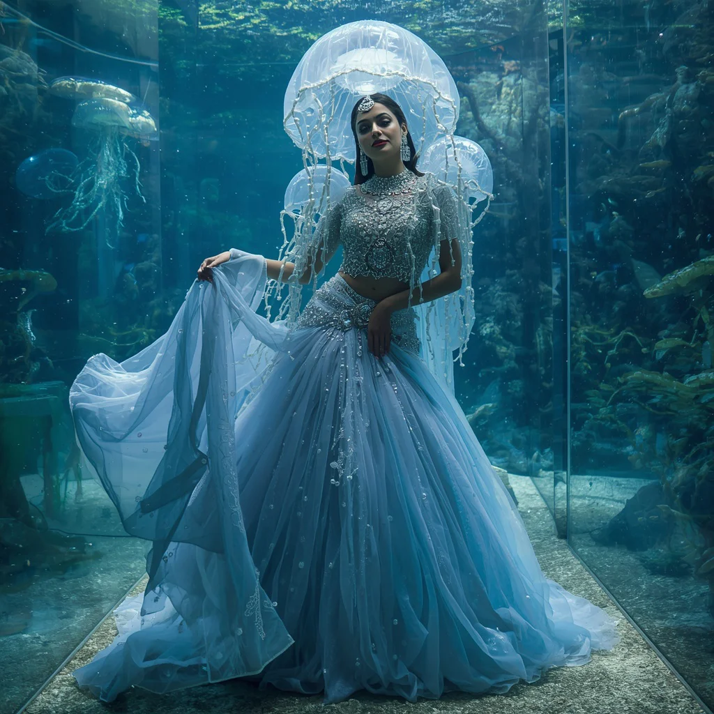 Giant Crystal Jellyfish Queen Saree with Underwater Glass Kingdom | prompt for saree look for girl instagram - Best 10 Beachside Saree AI Prompts for Breezy Coastal Fashion Shots AI Prompt