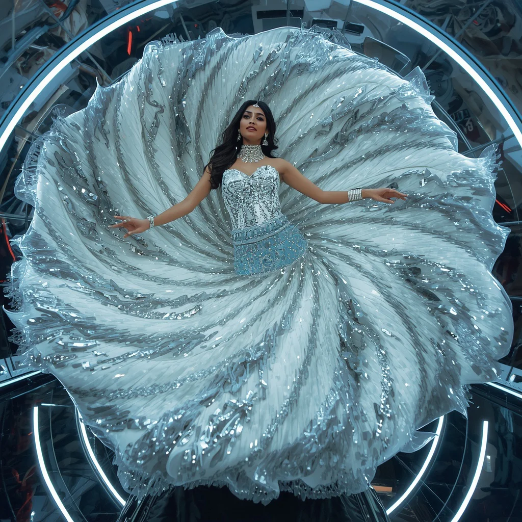 Giant Crystal Tornado Saree with Wind Reflection Dome | traditional saree prompt for girl in english - New 10 Sophisticated Organza Saree AI Prompts for Formal Event Styling AI Prompt
