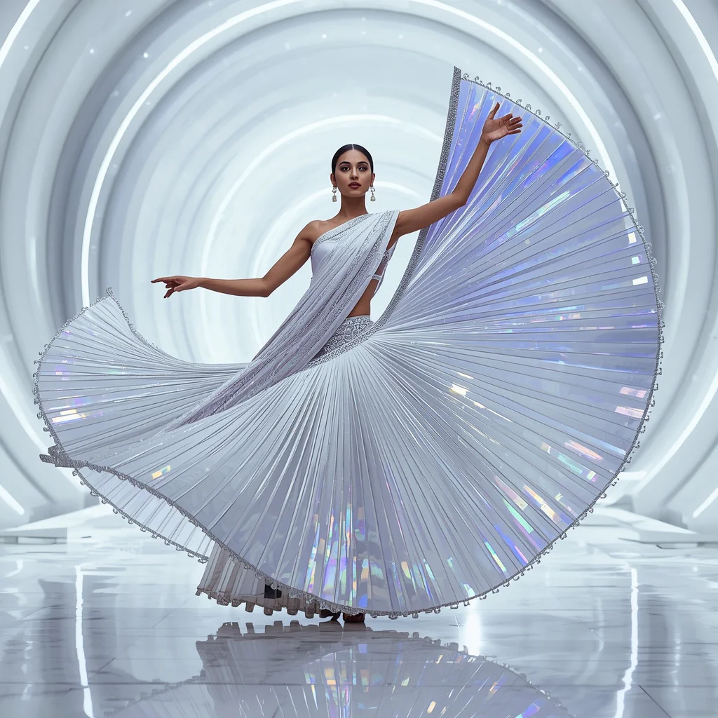 Giant Holographic Fan Saree with White Infinity Hall | chatgpt photo editing prompts trending instagram for girl - New 10 Sophisticated Organza Saree AI Prompts for Formal Event Styling AI Prompt