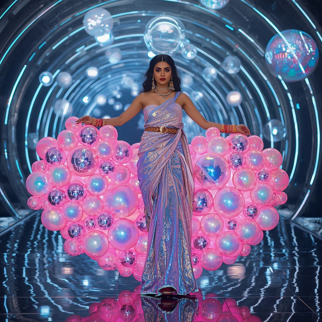 Giant Neon Orb Saree with Sci-Fi Light Tunnel | ChatGPT photo editing prompts for girl aesthetic - Best 10 Vibrant Patola Saree AI Prompts for Gujarati Heritage Photography AI Prompt