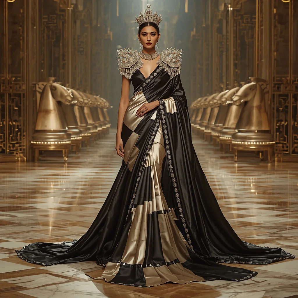Giant Royal Chessboard Saree with Floating Queen Architecture | Traditional saree Prompt PDF - Best 10 Beachside Saree AI Prompts for Breezy Coastal Fashion Shots AI Prompt