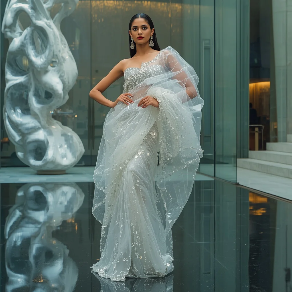 Giant Transparent Sculpture Saree with Modern Glass Museum | stylish prompt for girls - New 10 Sophisticated Organza Saree AI Prompts for Formal Event Styling AI Prompt
