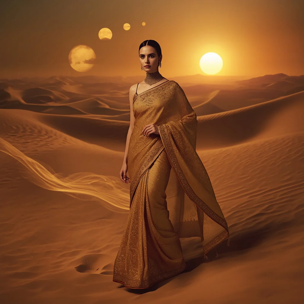 Golden Mirage Warp Desert Dimension Saree – Sand Time Reality Couture | traditional saree prompt for chatgpt in english - New 10 Contemporary Kanjeevaram Saree AI Prompts for Modern Bridal Wear AI Prompt