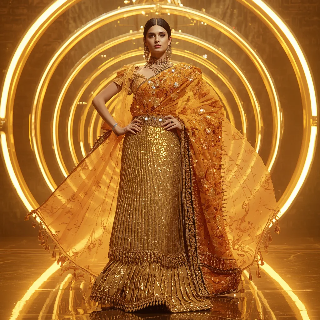 Golden Sunburst Halo Saree with Circular Light Palace | retro style prompt for gemini girl in saree instagram - Serene Young Girl Saree AI Image Prompts for Peaceful Lakeside Scenes AI Prompt