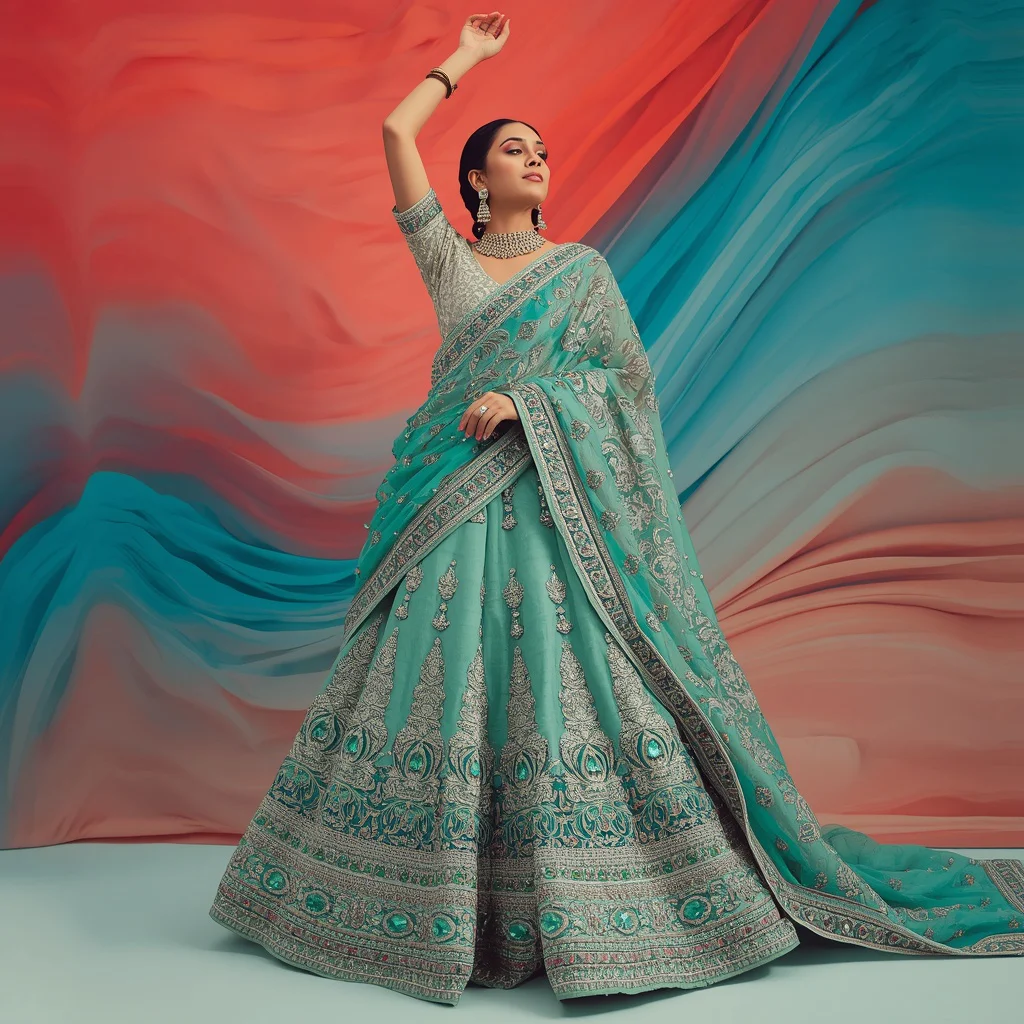 Heavy Emerald and Pastel Turquoise Zardozi Saree Gown Pose | new trending prompt chatgpt link - Classic Purple Saree AI Prompts for Elegant Girl's Portrait Photography AI Prompt