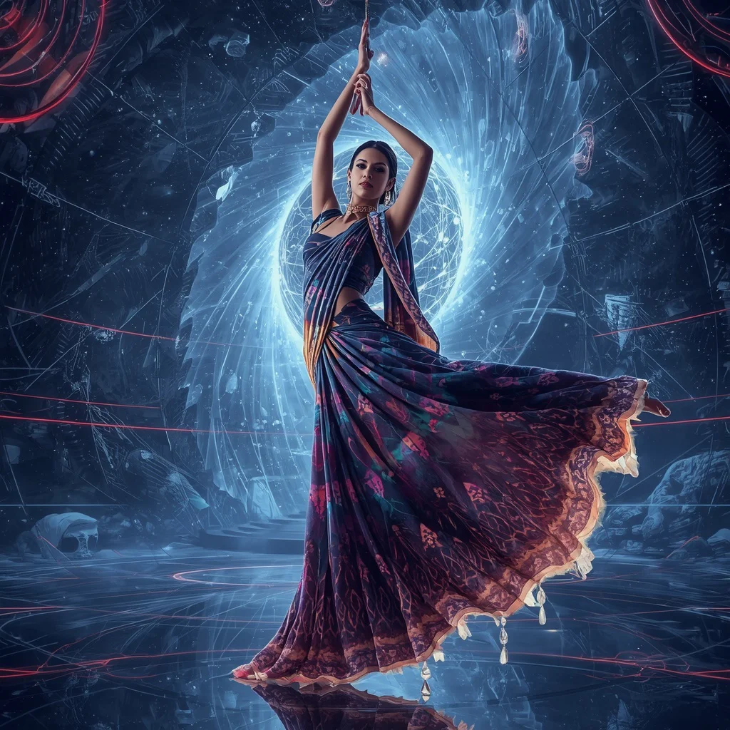 Hypervoid Aurora Leviathan Saree with Infinite Fractal Collapse Dome | best ai prompts free - New 10 Embellished Net Saree AI Prompts for Grand Reception Looks AI Prompt