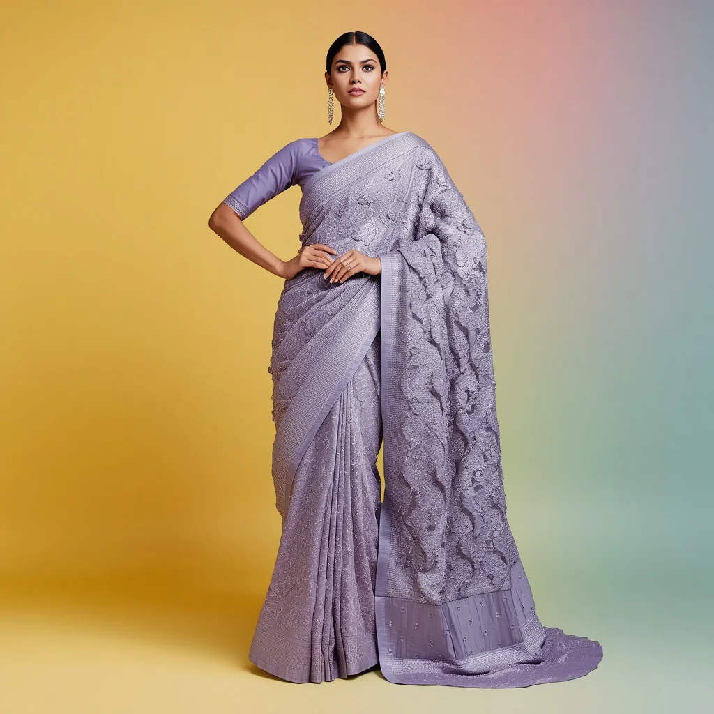 Icy Violet Heavy Beadwork Saree With Sculptural Wavy Pallu | traditional saree prompt in english for wedding - Playful Child Saree AI Image Prompts for Fun-Filled Cultural Events AI Prompt