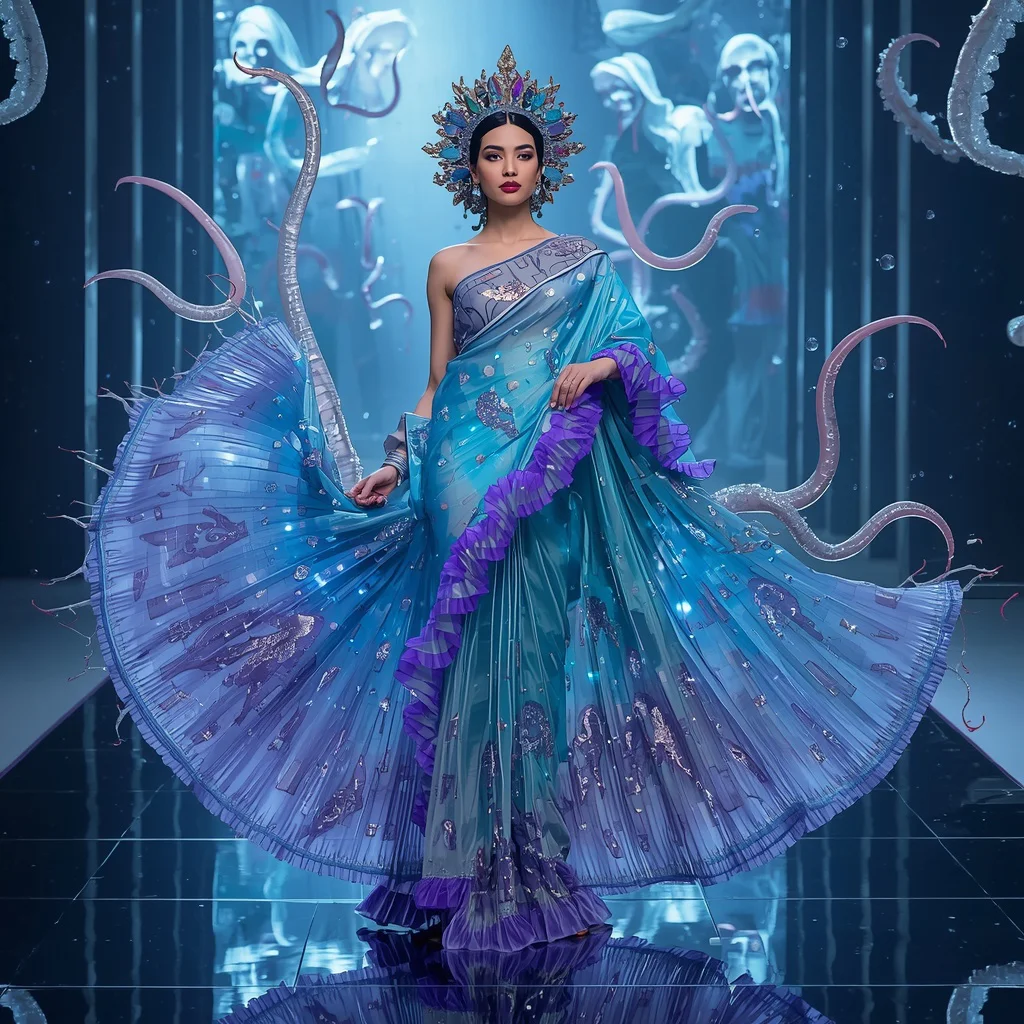 Inferno Jellyfish Crown Saree with Floating Neon Tentacles | ChatGPT photo editing prompts for girl copy paste - Best 10 Beachside Saree AI Prompts for Breezy Coastal Fashion Shots AI Prompt