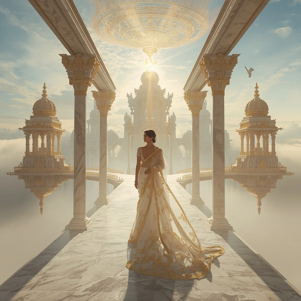 Ivory Celestial Temple Sky Architecture Saree – Divine Royal Floating Couture | ChatGPT saree prompt Instagram - New 10 Contemporary Kanjeevaram Saree AI Prompts for Modern Bridal Wear AI Prompt